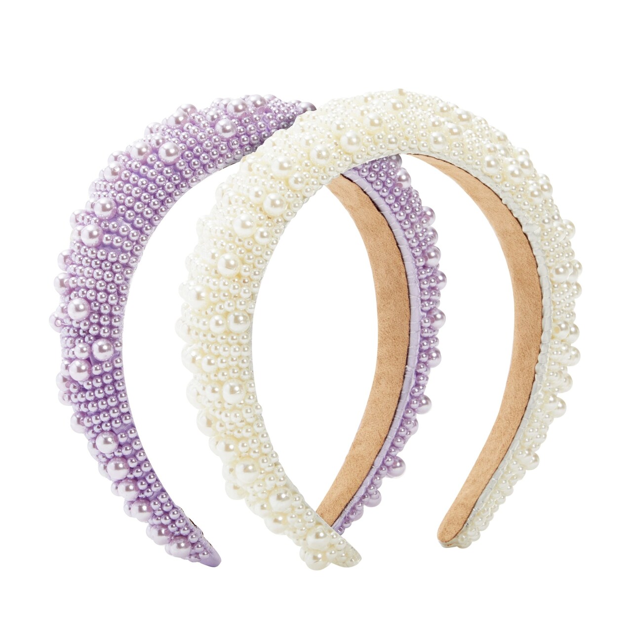 2 Pack Crystal Headbands for Women, Padded Pearl Headband (Lavender, White)